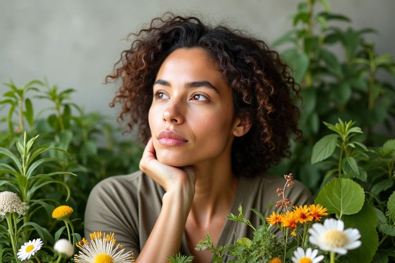 Founding inspiration for Glowthera, a person looking at natural ingredients with a thoughtful expression.