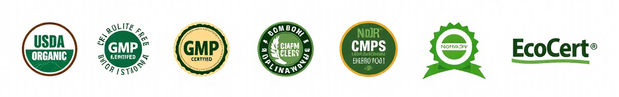 Various certification badges for organic, cruelty-free, and GMP standards.